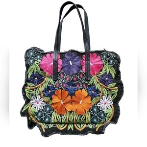 Floral Embroidered Tote Bag - Black, Pink, Orange